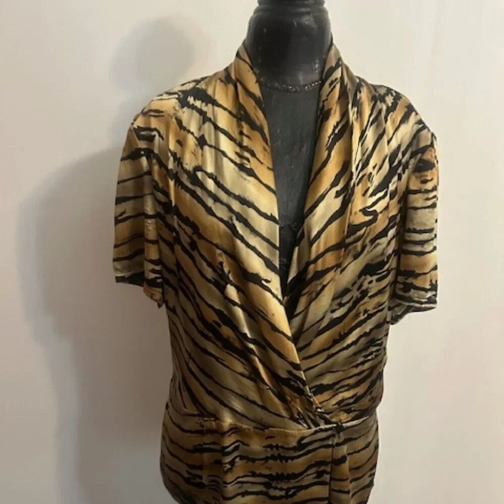 Dana Buchman Gold/Black wrap front Silk Tiger print top, size 14